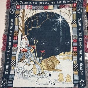Vintage Woven‎ Nativity Scene Throw Blanket Jesus is the Reason for the Season